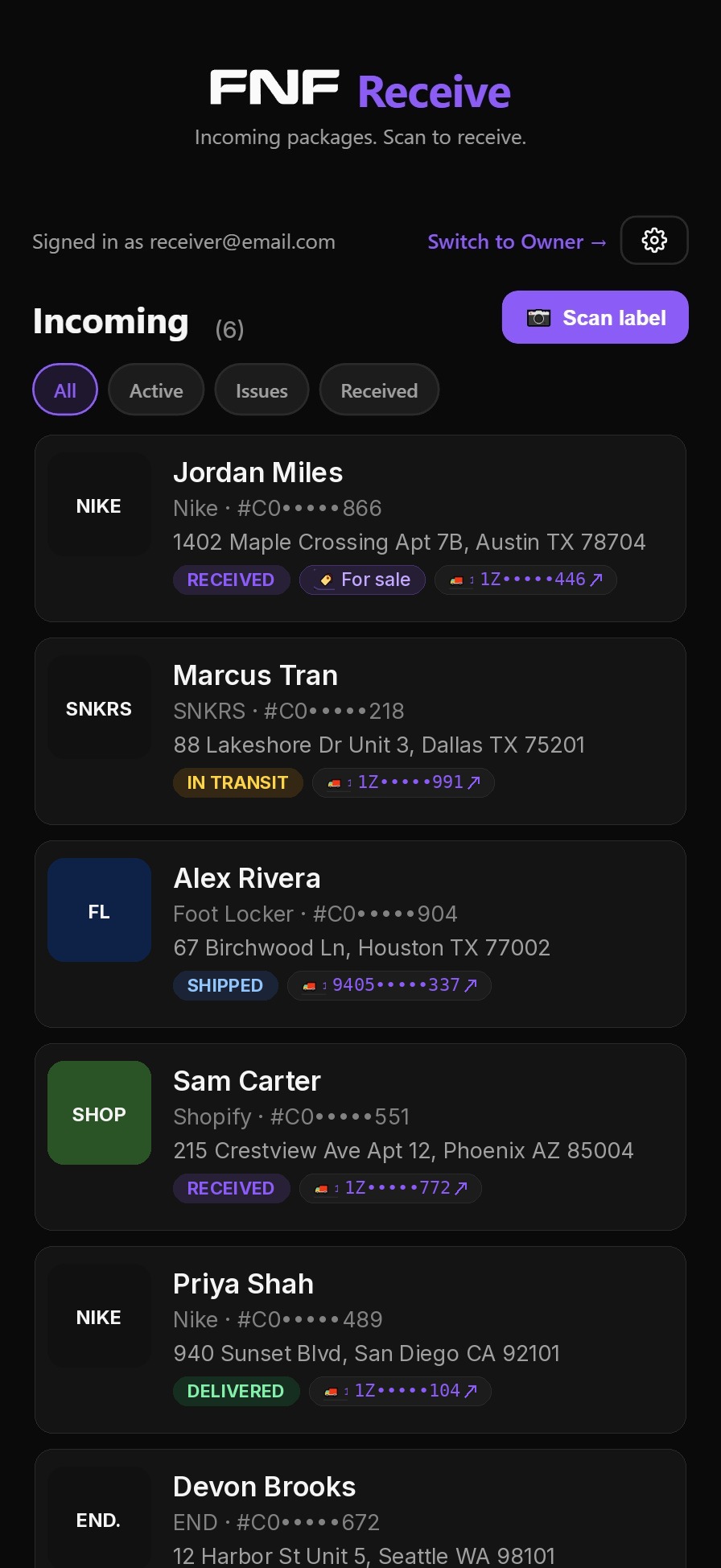 Receiver scanning shipping labels and confirming condition